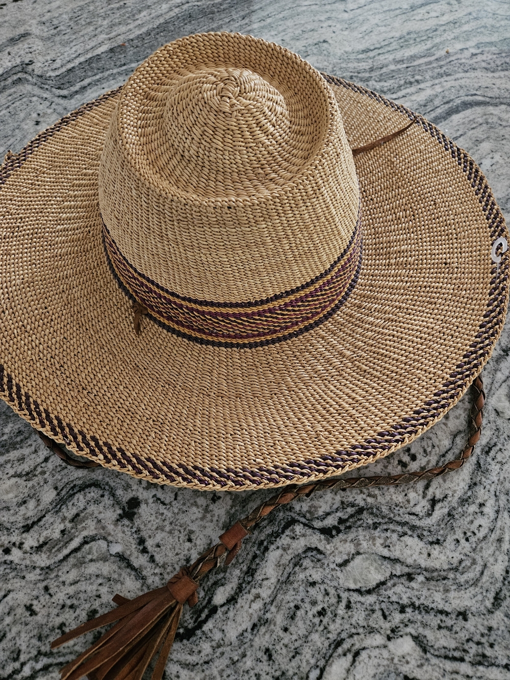 Woven Wide Brim Sun Hat with Braided Leather Tassel